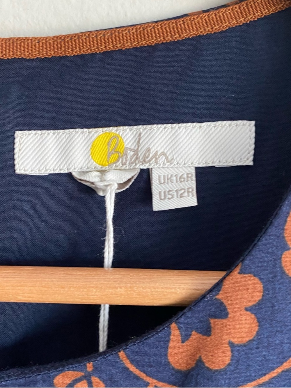 Boden Navy Brown Long Puff Sleeves Tiered Dress Smocked Floral Leaves Cotton 12R - Picture 12 of 12